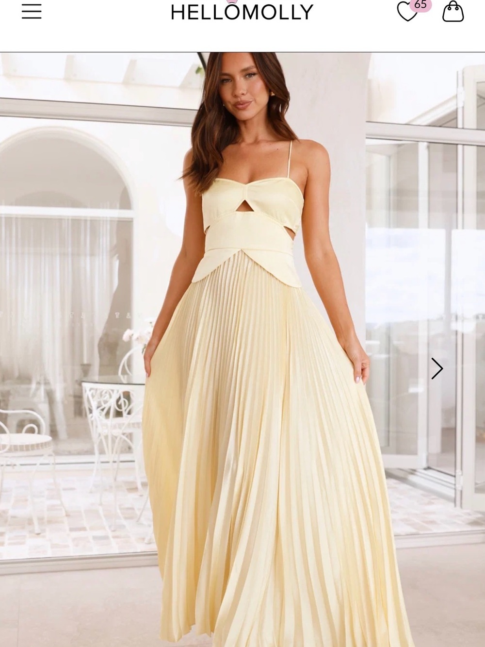 Hello Molly Pale Yellow Pleated Maxi Dress with Cutout Bodice